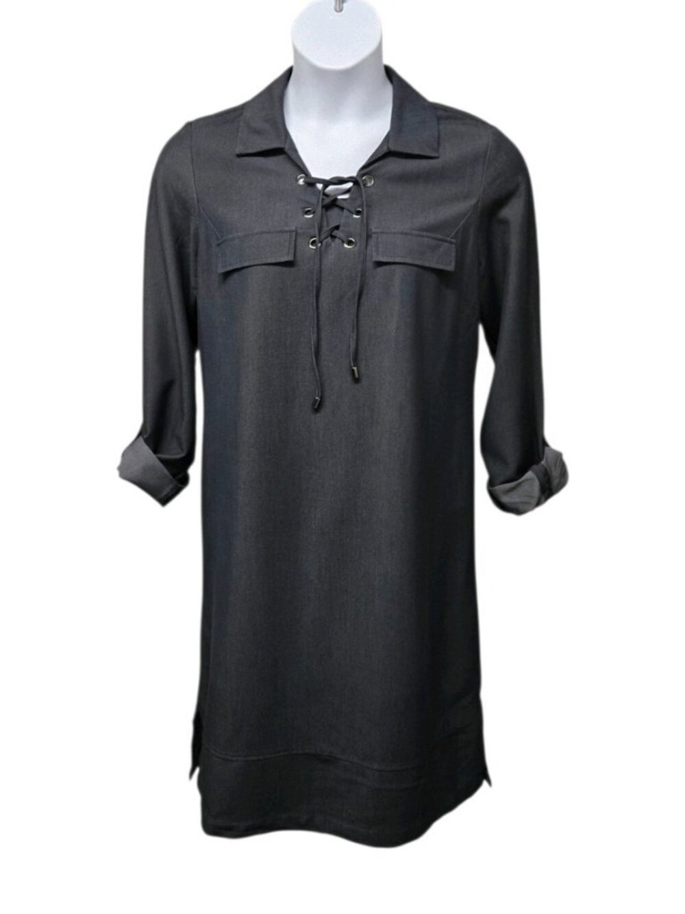 Sharagano Lace Up Shift Dress Womens Size 10 Roll Tab Sleeves Casual Minimalist
